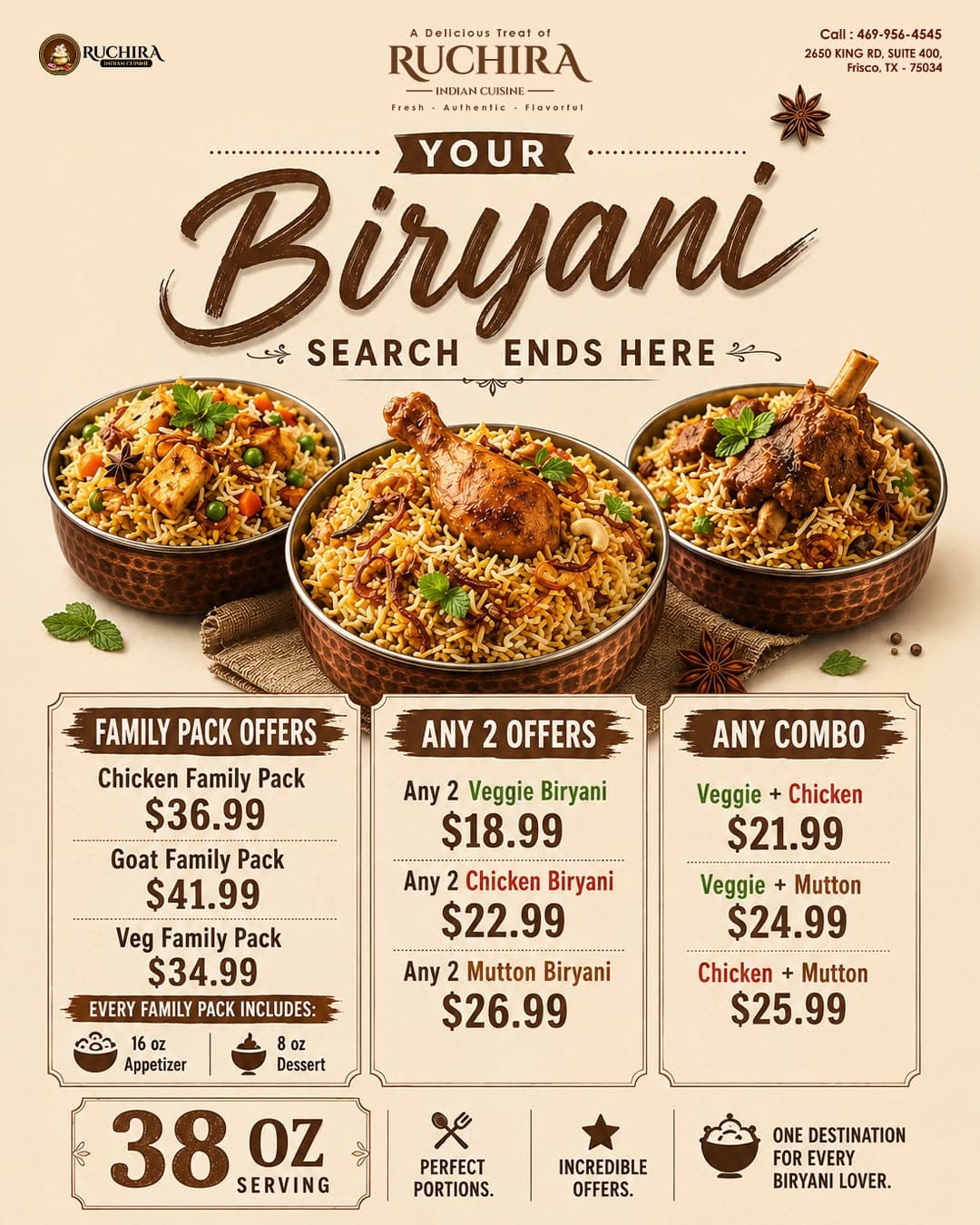 Special offers on Biryani including Family Packs (includes 16 oz Appetizer & 8 oz Dessert), Any 2 Offers (Veggie, Chicken, or Mutton Biryani), and Any Combo deals.
