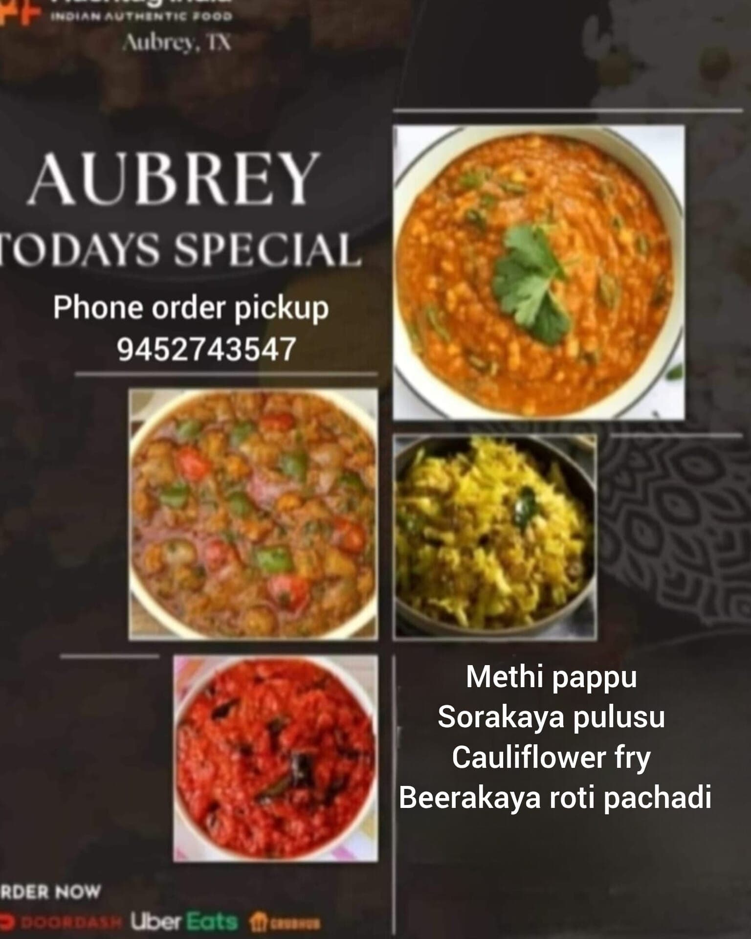 Today's Special menu items for phone order pickup