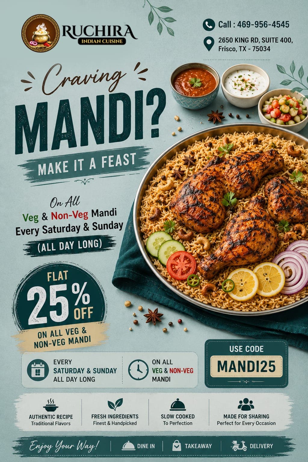 Flat 25% off on all Veg & Non-Veg Mandi every Saturday & Sunday (all day long) using promo code MANDI25.