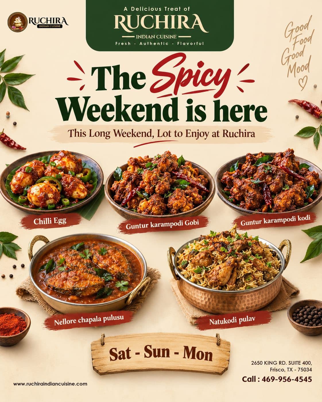 The Spicy Weekend special menu featuring dishes like Chilli Egg, Guntur karampodi Gobi, Guntur karampodi kodi, Nellore chapala pulusu, and Natukodi pulav.