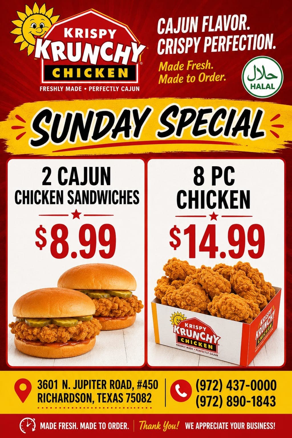 Sunday Special: 2 Cajun Chicken Sandwiches for $8.99 or 8 Pc Chicken for $14.99