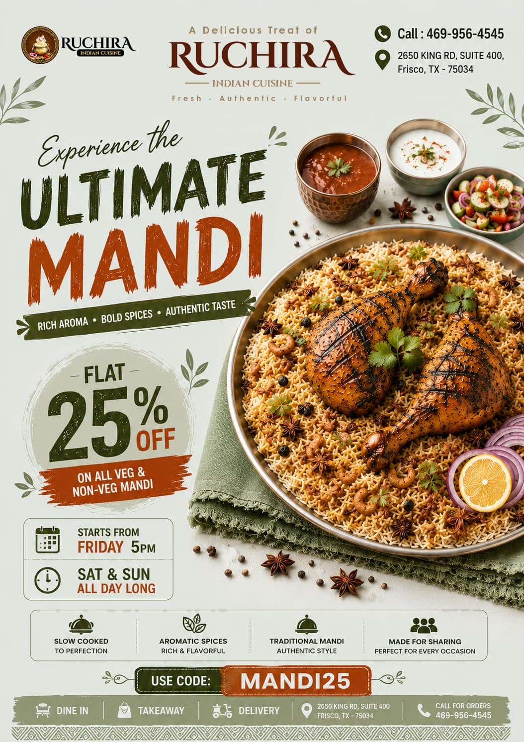 Flat 25% off on all Veg & Non-Veg Mandi using code MANDI25. Starts Friday 5 PM, Saturday & Sunday all day long.