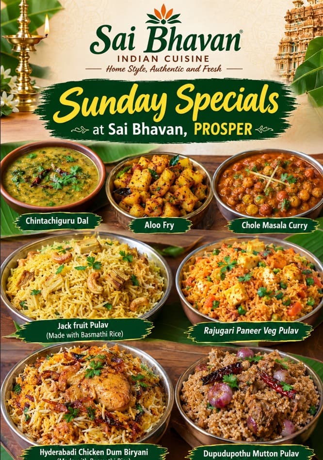 Sunday Specials featuring Indian delicacies like biryani, pulavs, curries, and dal.