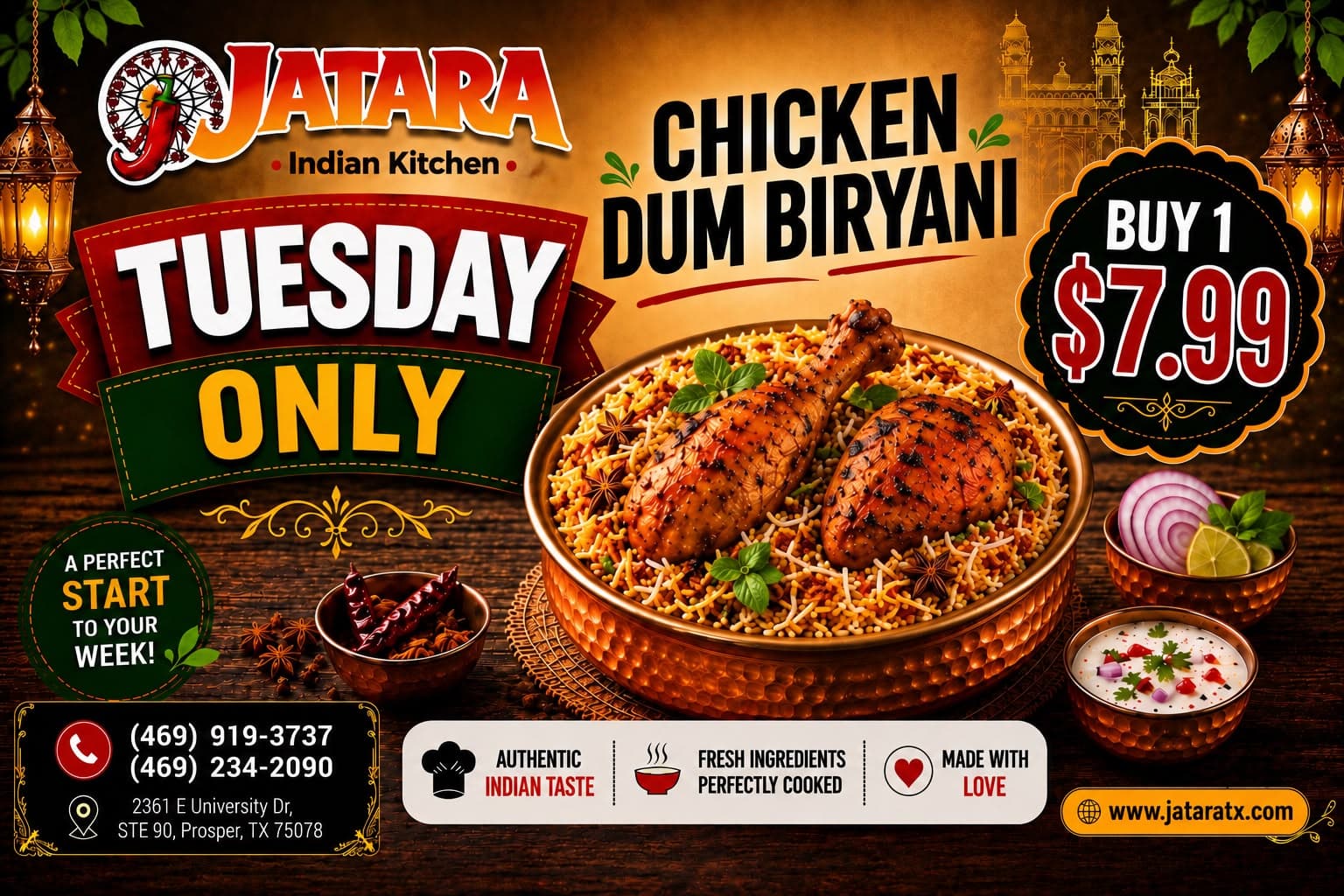 Chicken Dum Biryani for $7.99, Tuesday Only