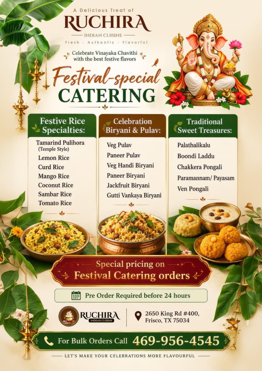 Special pricing on Festival Catering orders for Vinayaka Chavithi.