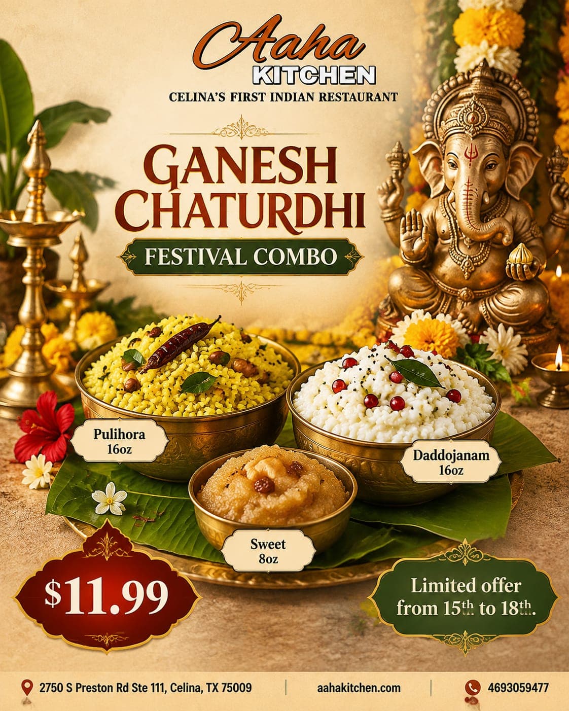 Ganesh Chaturdhi Festival Combo: Pulihora (16oz), Daddojanam (16oz), and Sweet (8oz) for $11.99