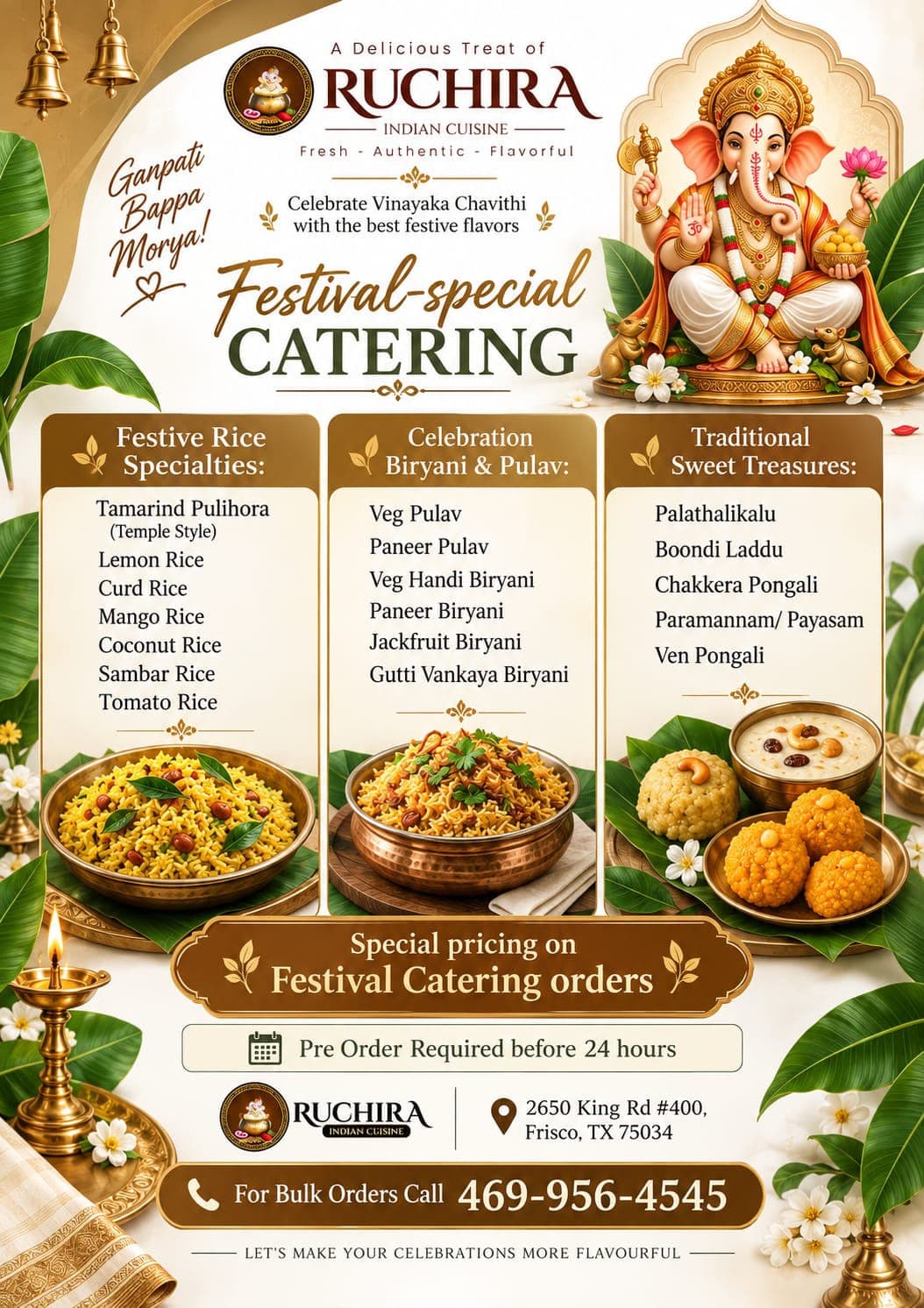 Special pricing on Festival Catering orders for Vinayaka Chavithi, featuring customized menus of festive rice specialties, celebration biryani & pulav, and traditional sweet treasures.