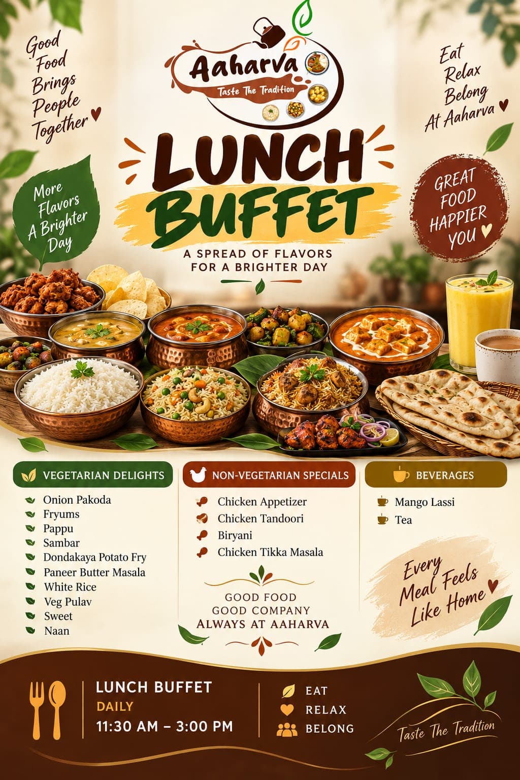 Daily Lunch Buffet from 11:30 AM to 3:00 PM featuring vegetarian delights, non-vegetarian specials, desserts, and beverages.