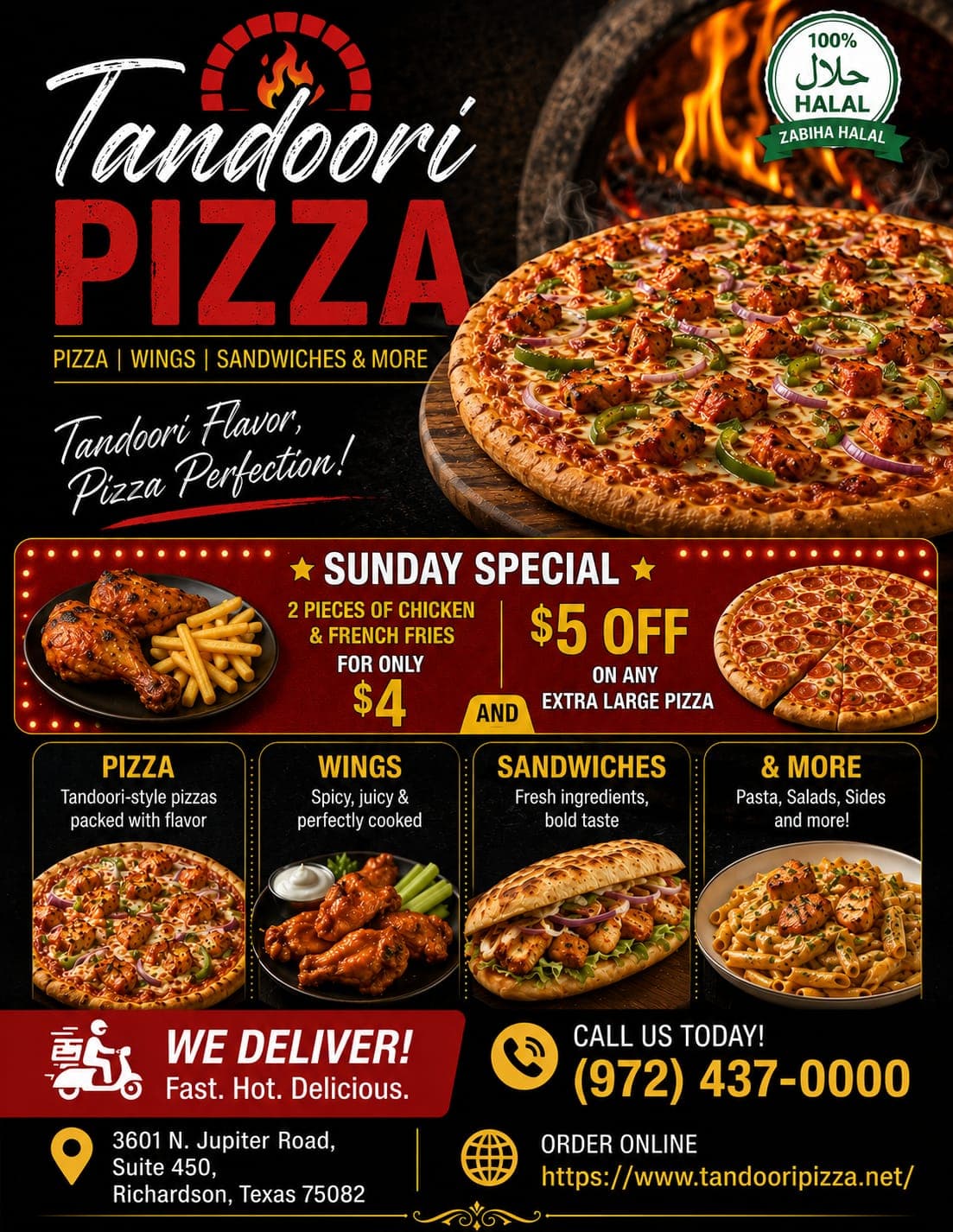 Sunday Special: 2 pieces of chicken & French fries for only $4 and $5 off on any extra large pizza.