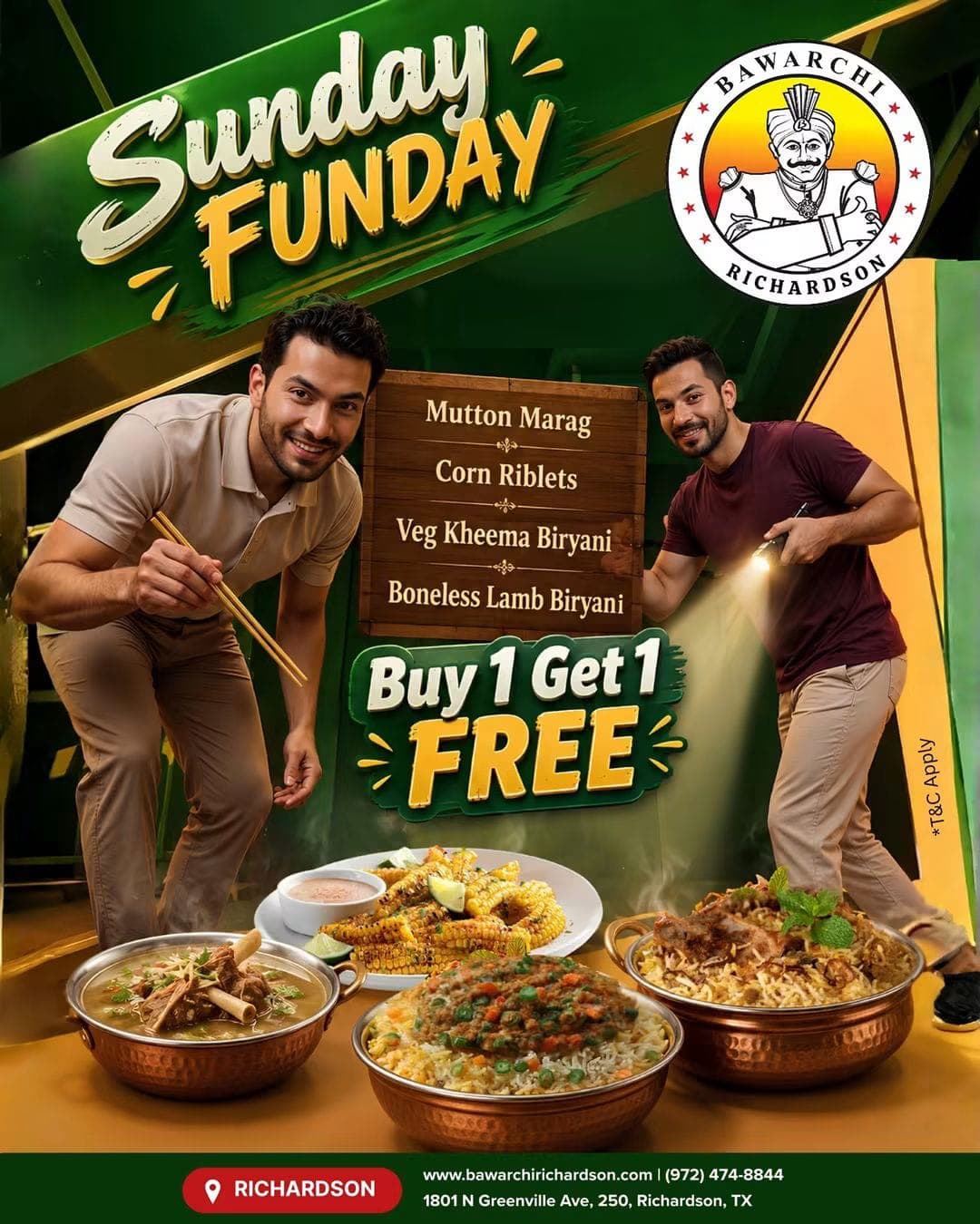 Buy 1 Get 1 Free on select items: Mutton Marag, Corn Riblets, Veg Kheema Biryani, and Boneless Lamb Biryani