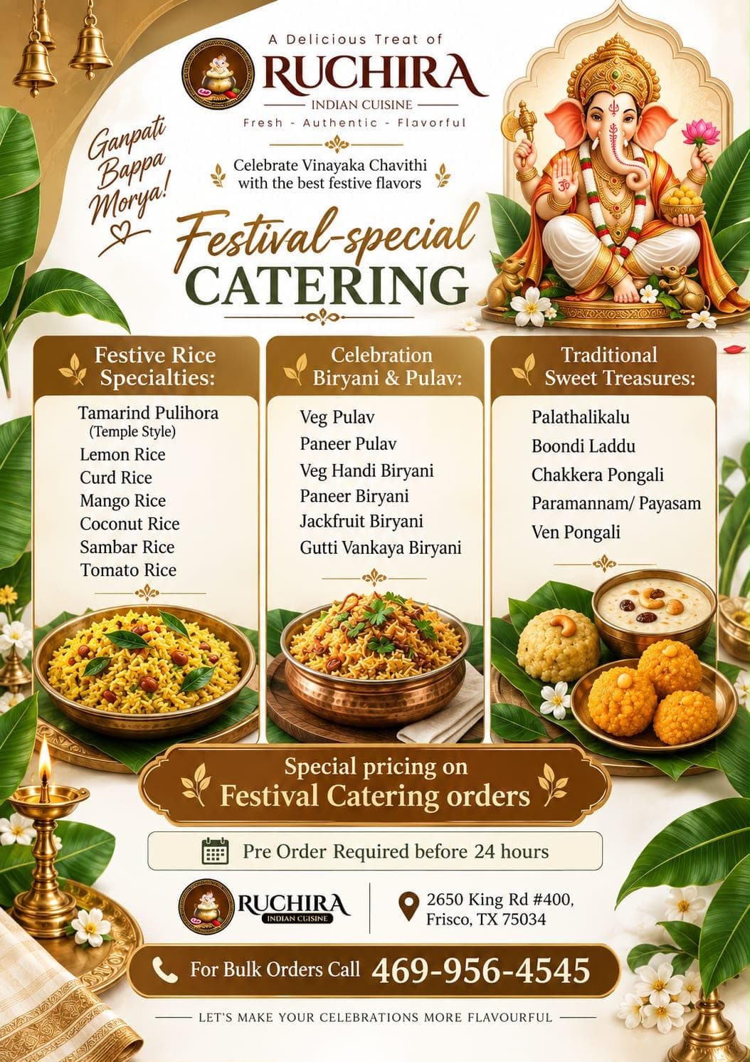 Special pricing on Festival Catering orders for Vinayaka Chavithi, featuring Festive Rice Specialties, Celebration Biryani & Pulav, and Traditional Sweet Treasures. Pre-order required 24 hours in advance.