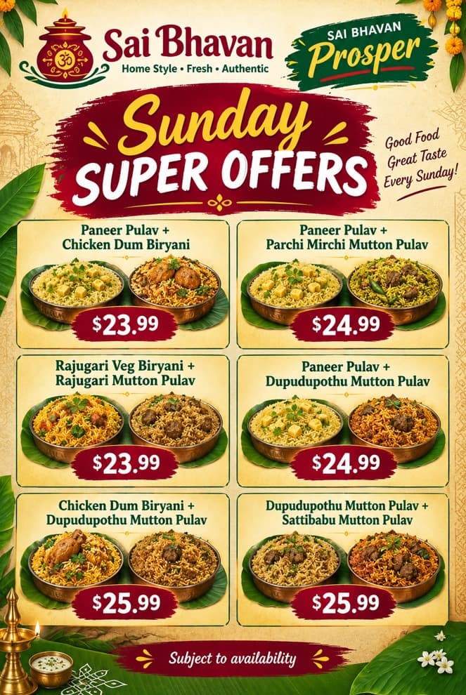 Sunday Super Offers featuring various Pulav and Biryani combination deals starting at $23.99