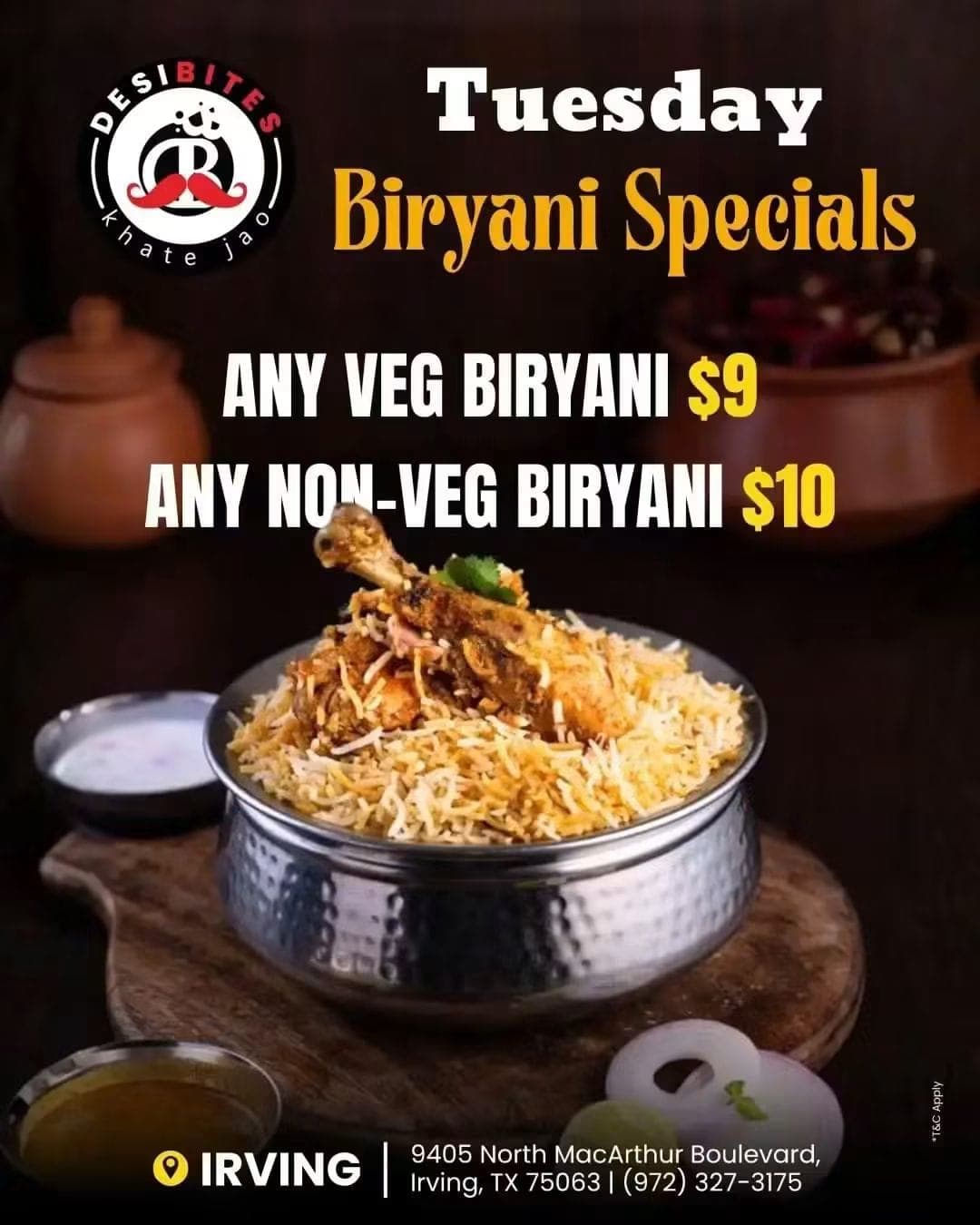 Tuesday Biryani Specials: Any Veg Biryani for $9 and Any Non-Veg Biryani for $10