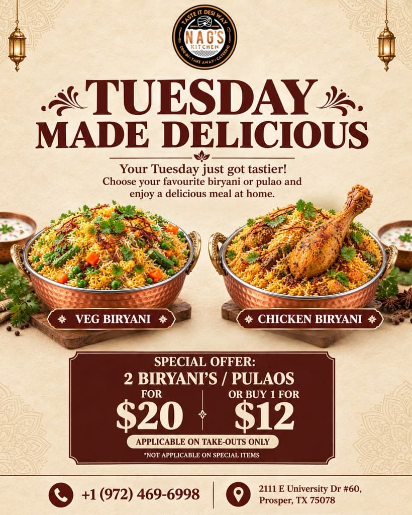 Special Offer: 2 Biryanis / Pulaos for $20 or Buy 1 for $12 (applicable on take-outs only)