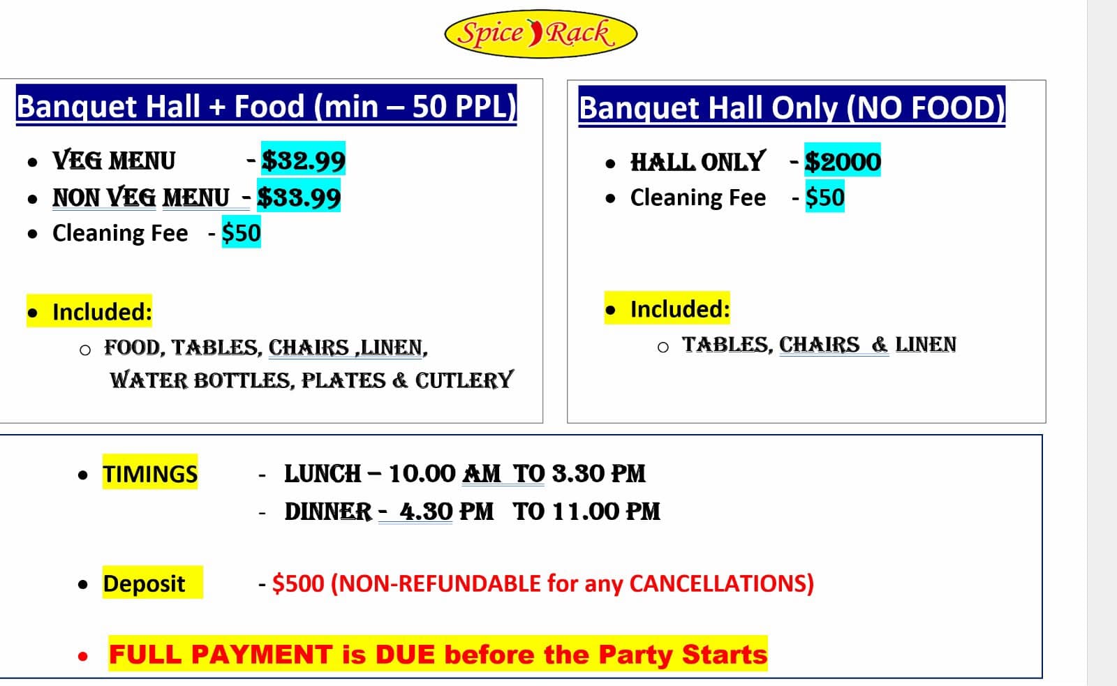 Banquet Hall + Food package (minimum 50 people) with Veg Menu at $32.99 and Non-Veg Menu at $33.99.