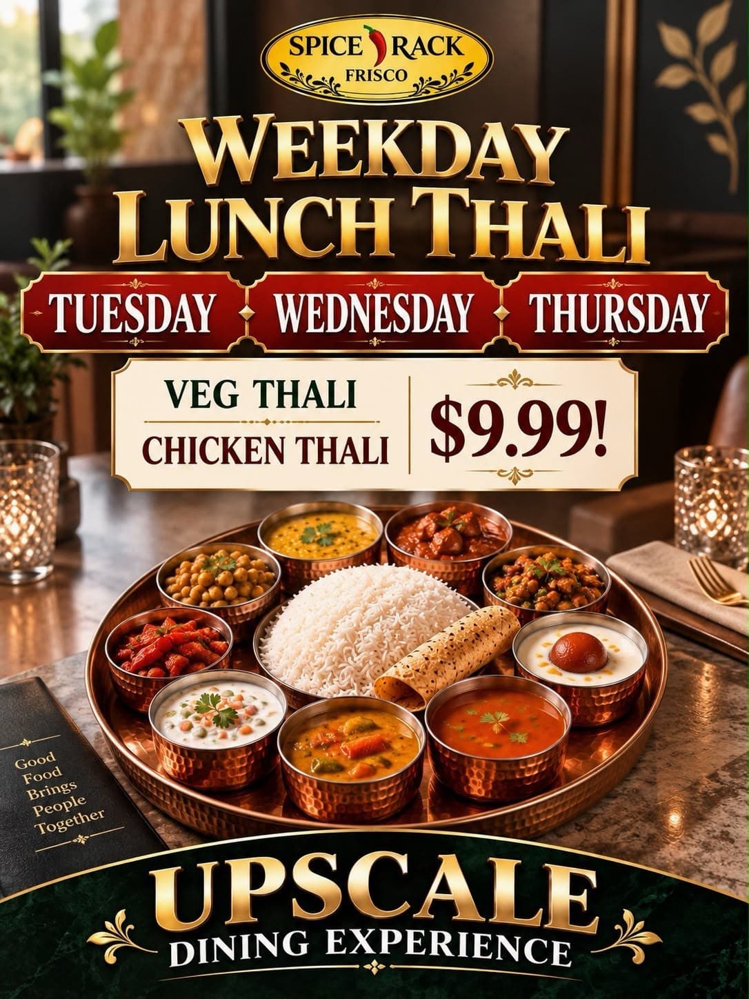 Weekday Lunch Thali (Veg Thali or Chicken Thali) for $9.99 available Tuesday, Wednesday, and Thursday.