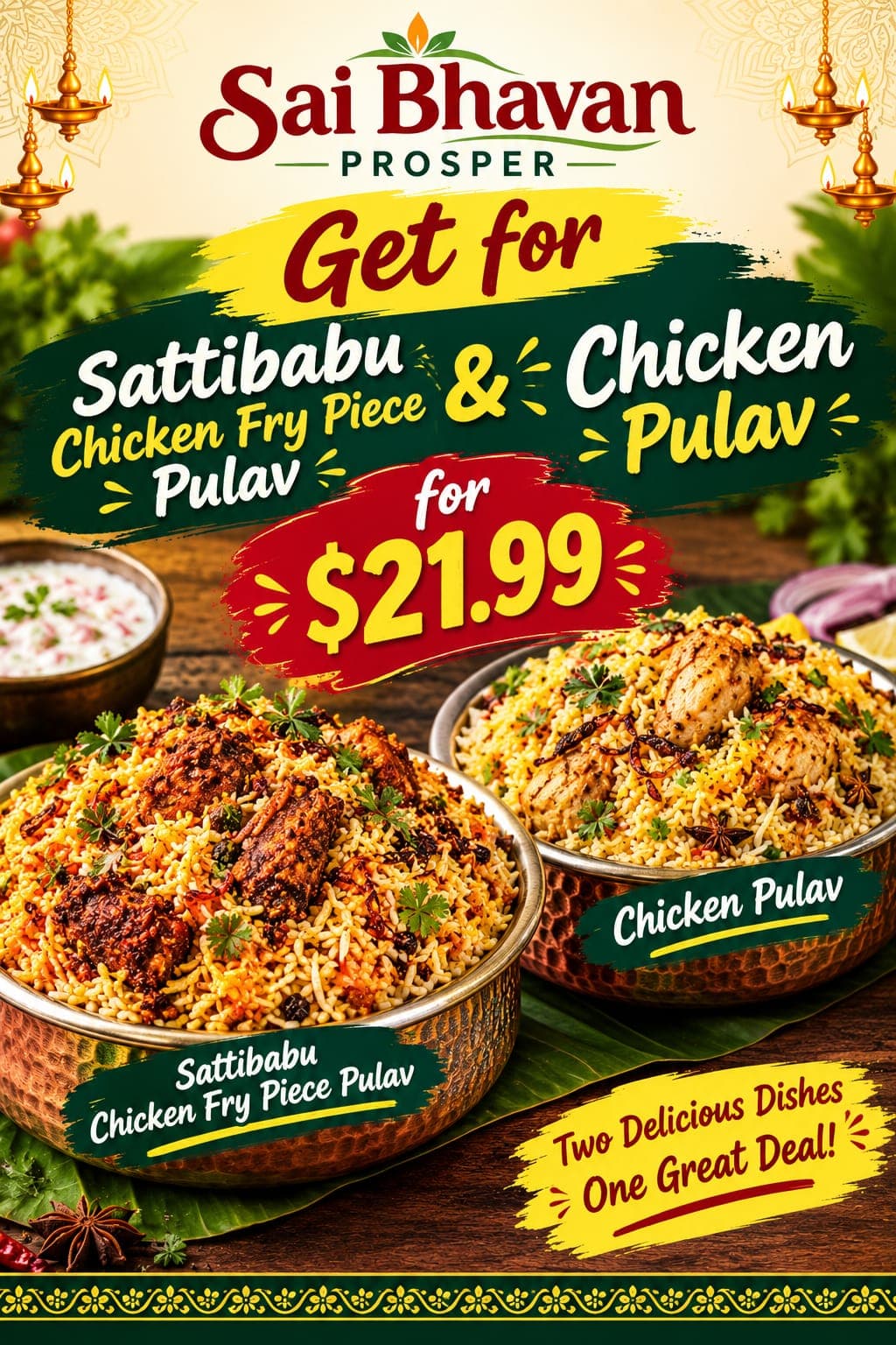 Get Sattibabu Chicken Fry Piece Pulav & Chicken Pulav combo for $21.99