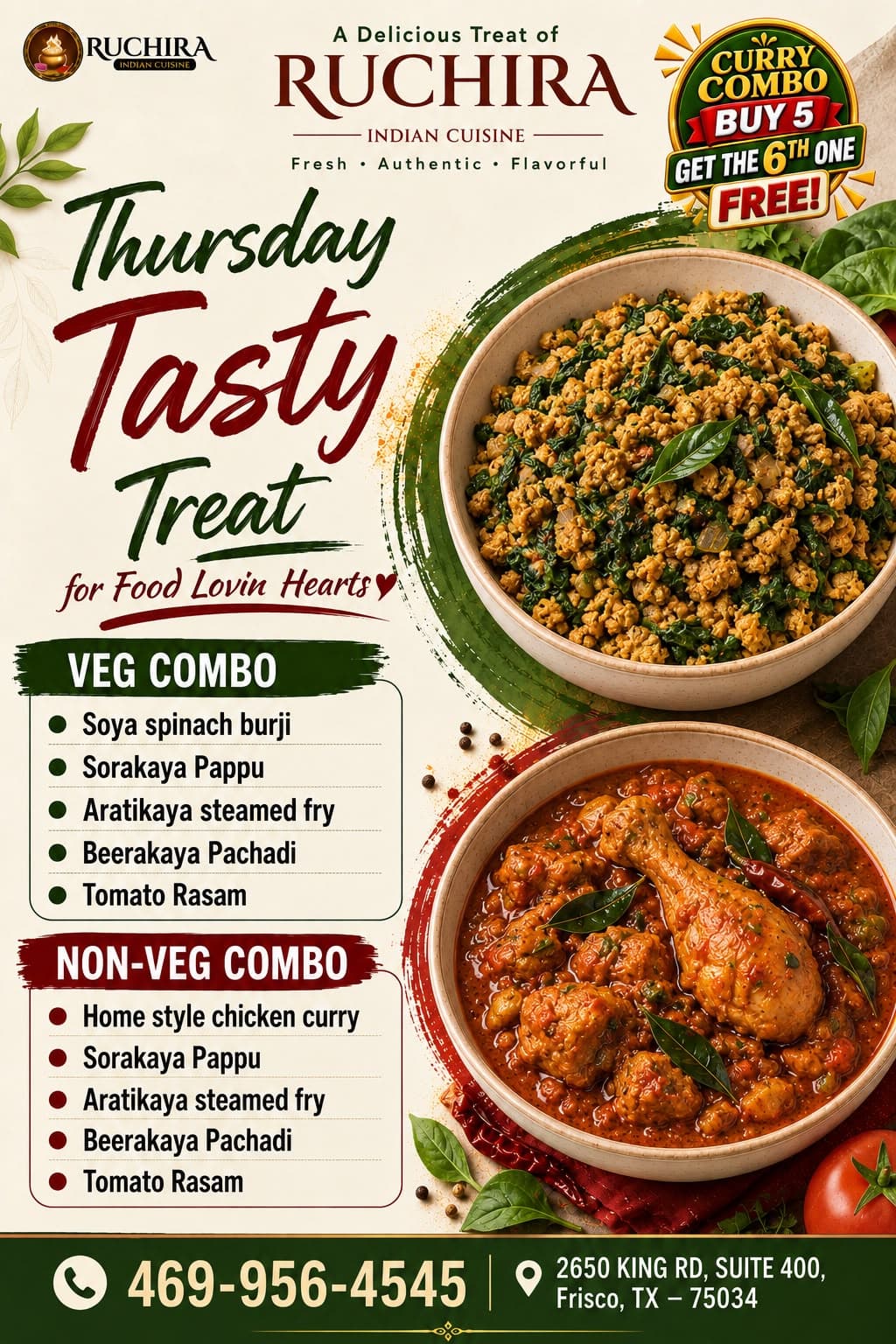 Thursday Tasty Treat featuring Veg and Non-Veg Combos. Also offers a Curry Combo: Buy 5, Get the 6th One Free!