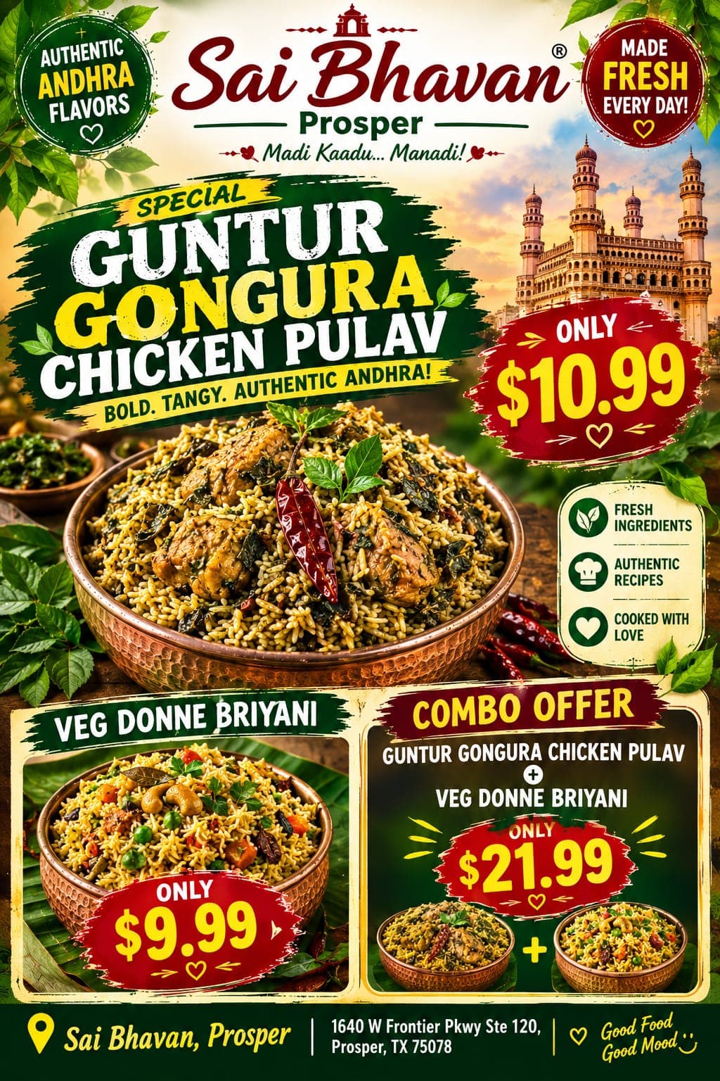 Guntur Gongura Chicken Pulav for $10.99, Veg Donne Briyani for $9.99, and a combo offer of both for $21.99