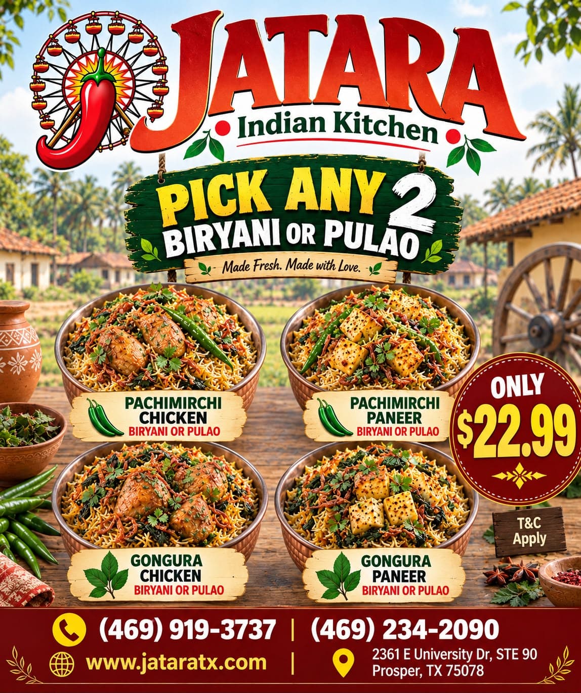 Pick Any 2 Biryani or Pulao for only $22.99. Choices include Pachimirchi Chicken, Pachimirchi Paneer, Gongura Chicken, and Gongura Paneer.