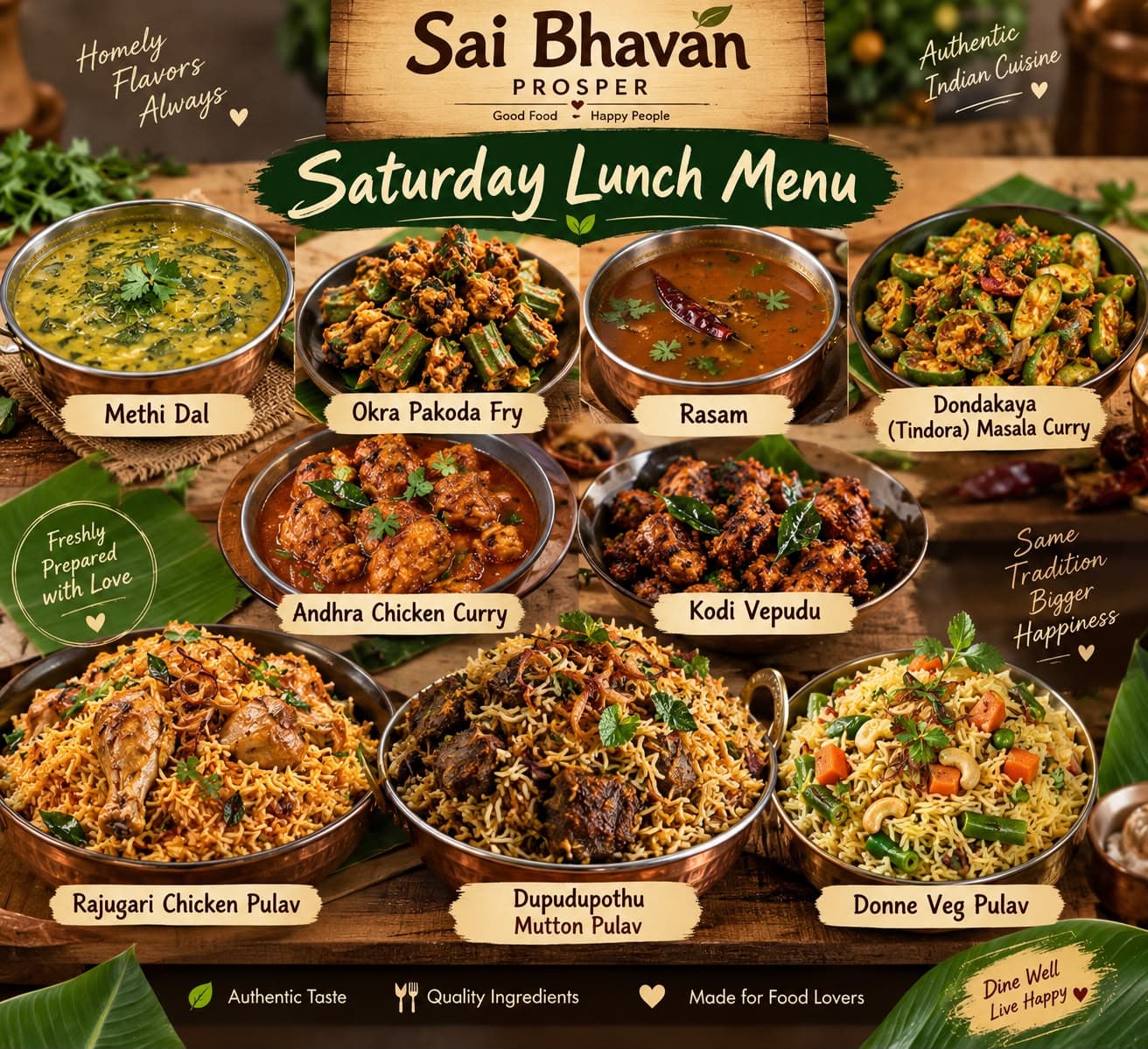 Saturday Lunch Menu featuring a variety of authentic Indian dishes including Pulavs, Curries, and classic sides.