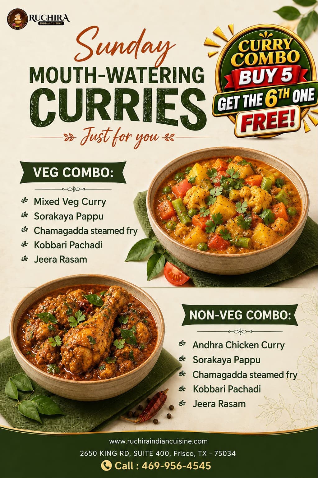 Curry Combo: Buy 5 get the 6th one FREE! Featuring Veg and Non-Veg combo options.