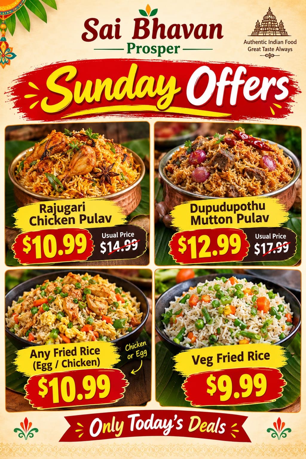 Sunday Special Offers on Rajugari Chicken Pulav ($10.99), Dupudupothu Mutton Pulav ($12.99), Egg/Chicken Fried Rice ($10.99), and Veg Fried Rice ($9.99).