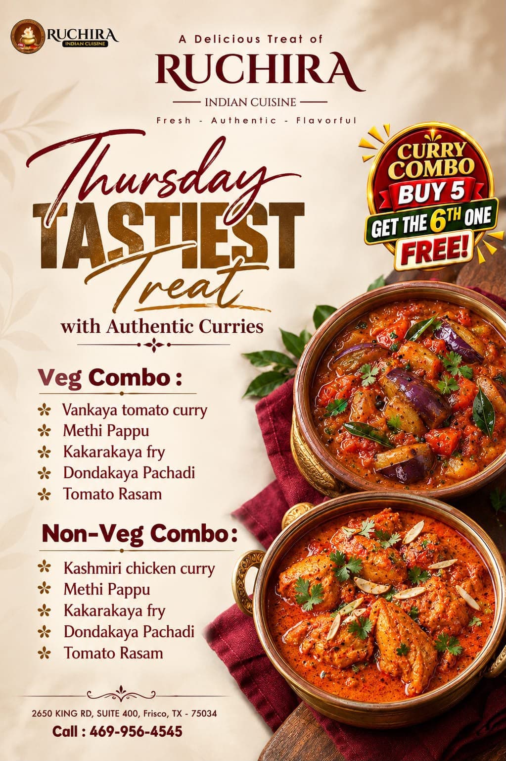Curry Combo: Buy 5 get the 6th one free. Offers Veg and Non-Veg Combos featuring various curries, pappu, fry, pachadi, and rasam.