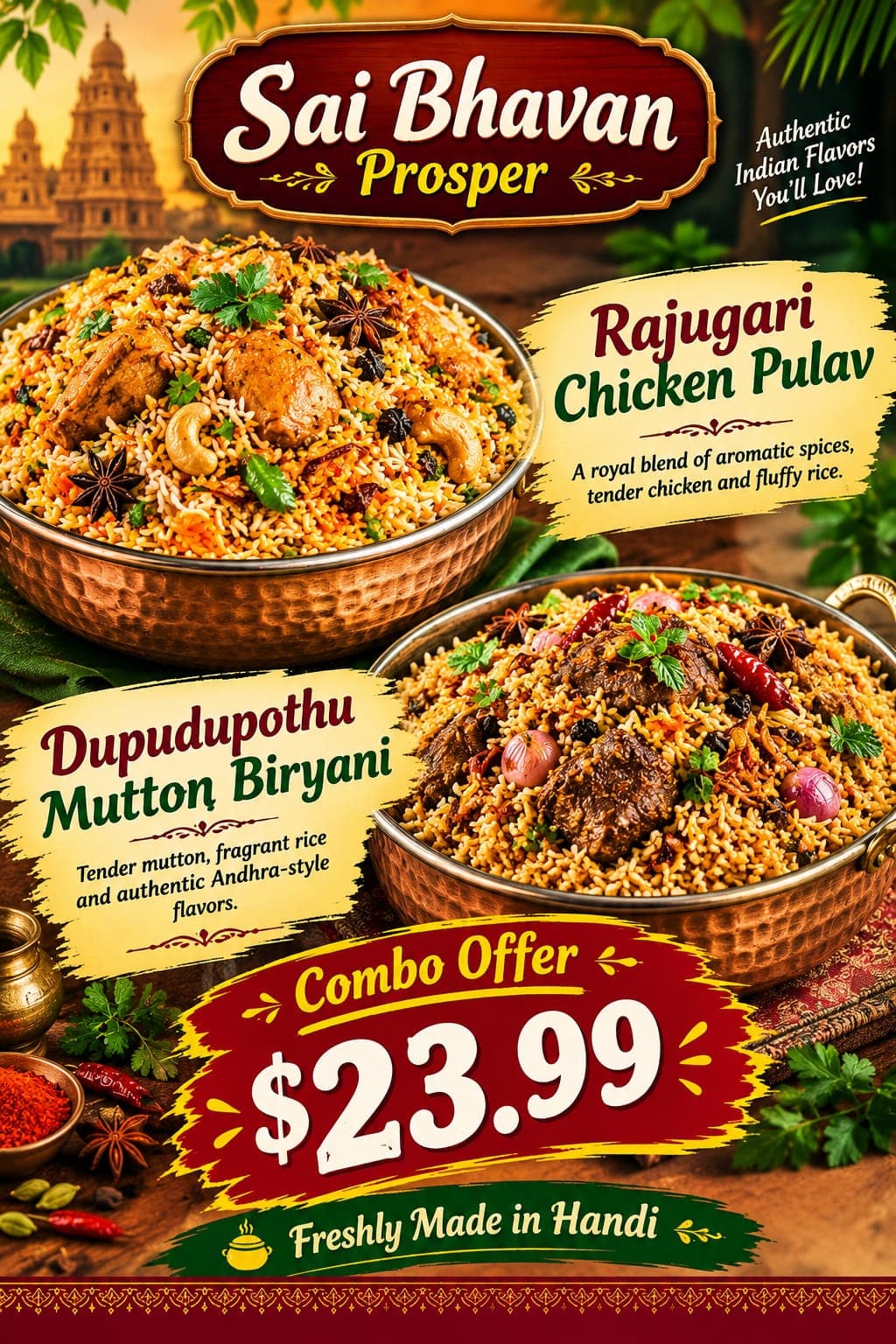 Combo Offer: Rajugari Chicken Pulav and Dupudupothu Mutton Biryani for $23.99