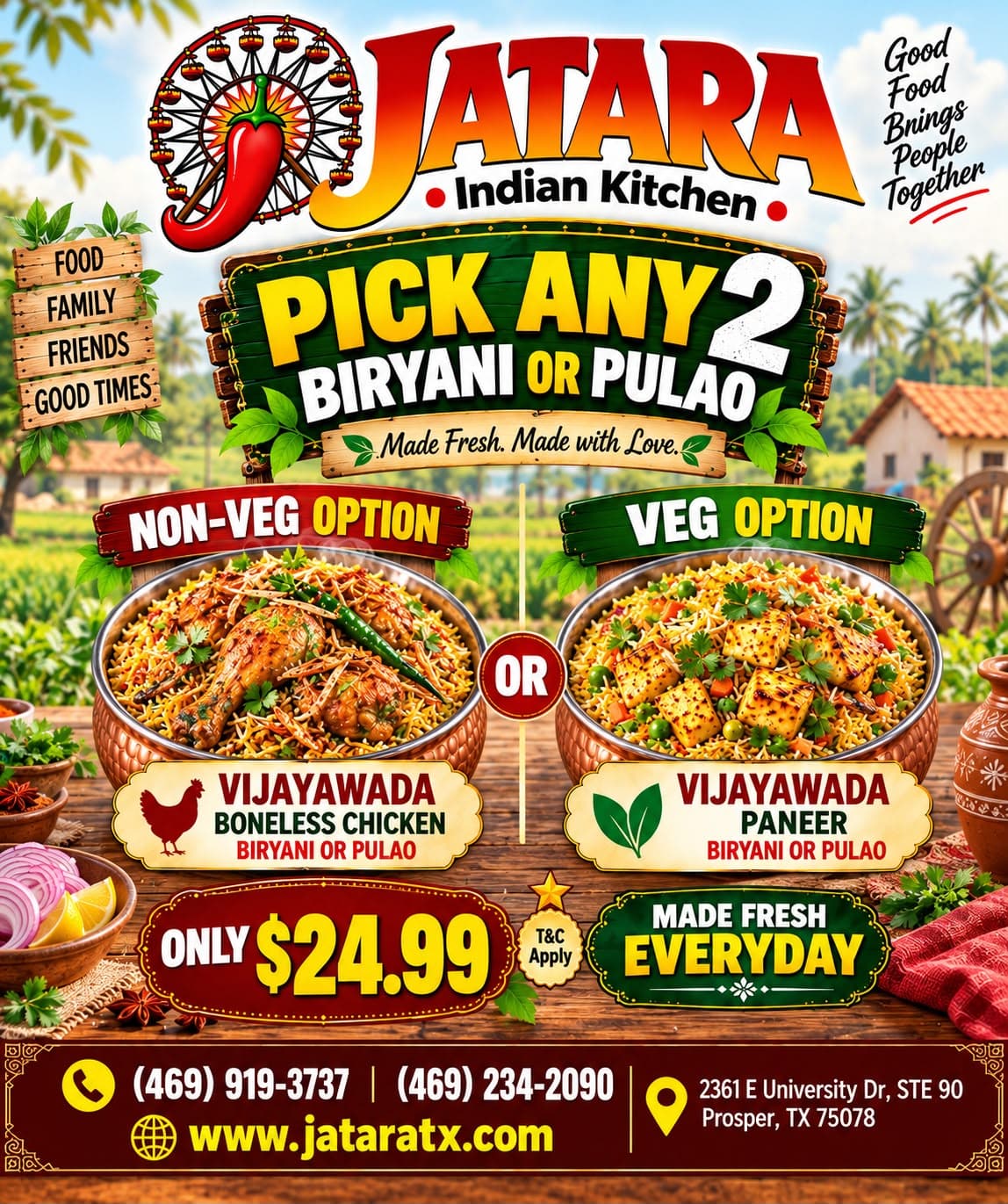 Pick any 2 Biryani or Pulao (Non-Veg: Vijayawada Boneless Chicken Biryani/Pulao, Veg: Vijayawada Paneer Biryani/Pulao) for $24.99.