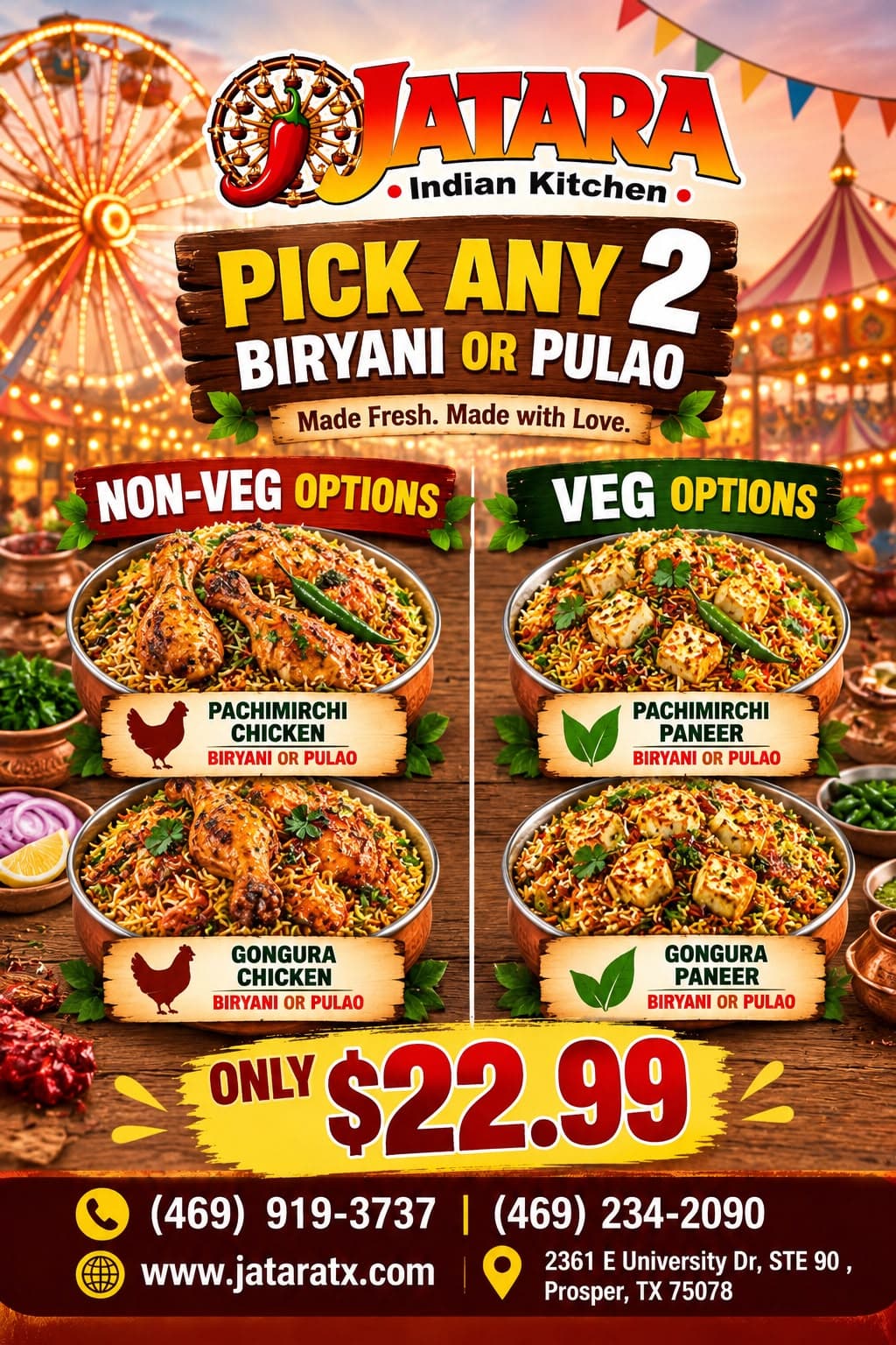 Pick any 2 Biryani or Pulao for only $22.99. Options include Pachimirchi Chicken, Gongura Chicken, Pachimirchi Paneer, and Gongura Paneer.