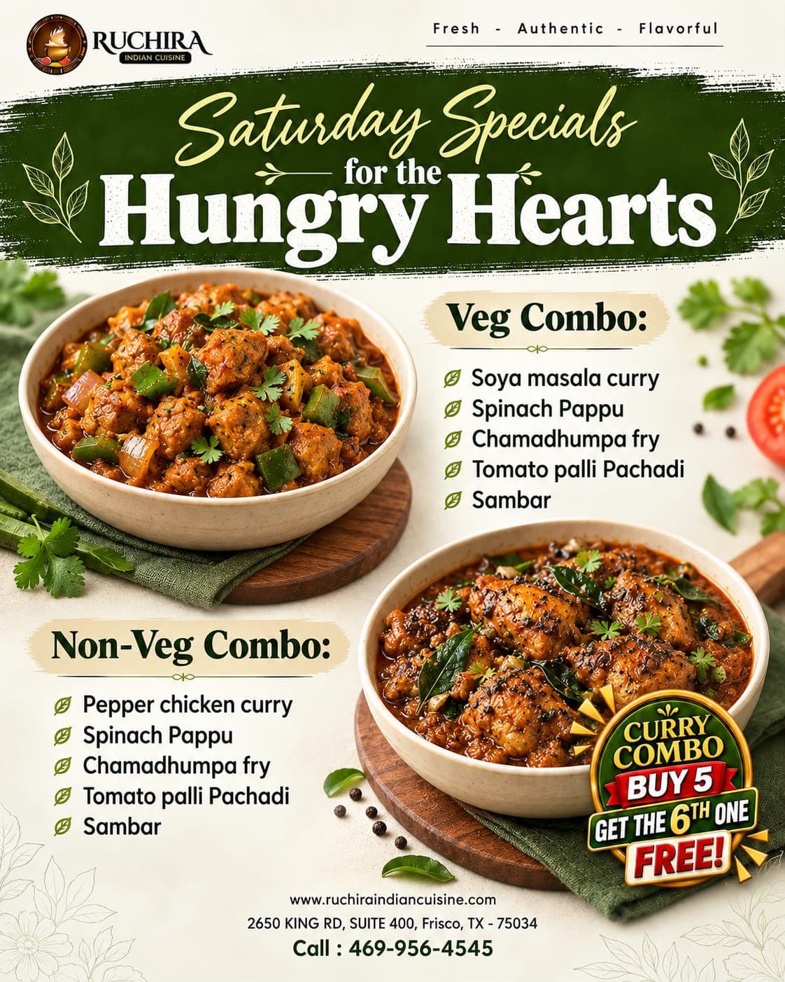 Saturday Specials featuring Veg and Non-Veg Curry Combos. Also offers a Curry Combo promotion: Buy 5 get the 6th one FREE!