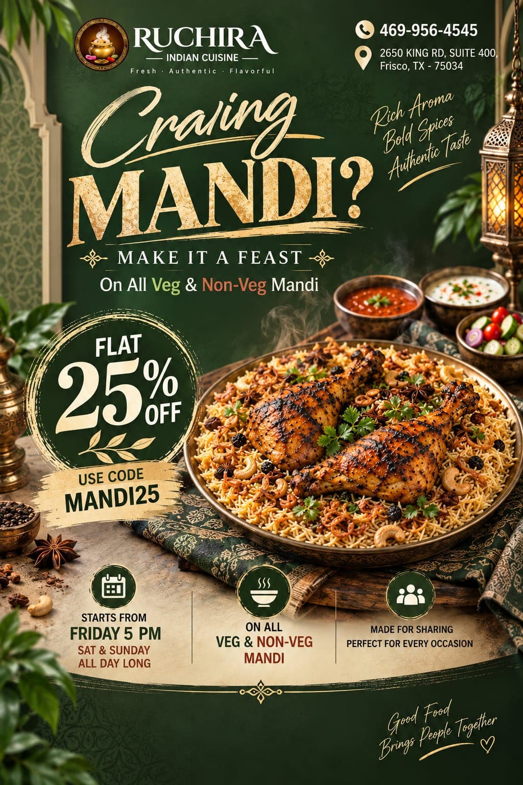 Flat 25% off on all Veg & Non-Veg Mandi using code MANDI25. Starts from Friday 5 PM, and all day Saturday & Sunday.