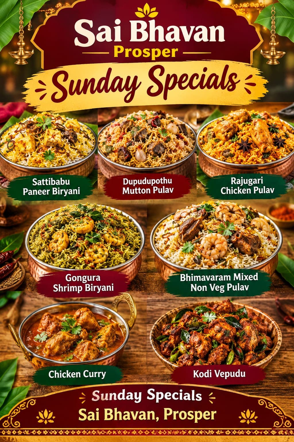 Sunday Specials featuring Biryanis, Pulavs, Chicken Curry, and Kodi Vepudu at Sai Bhavan in Prosper.