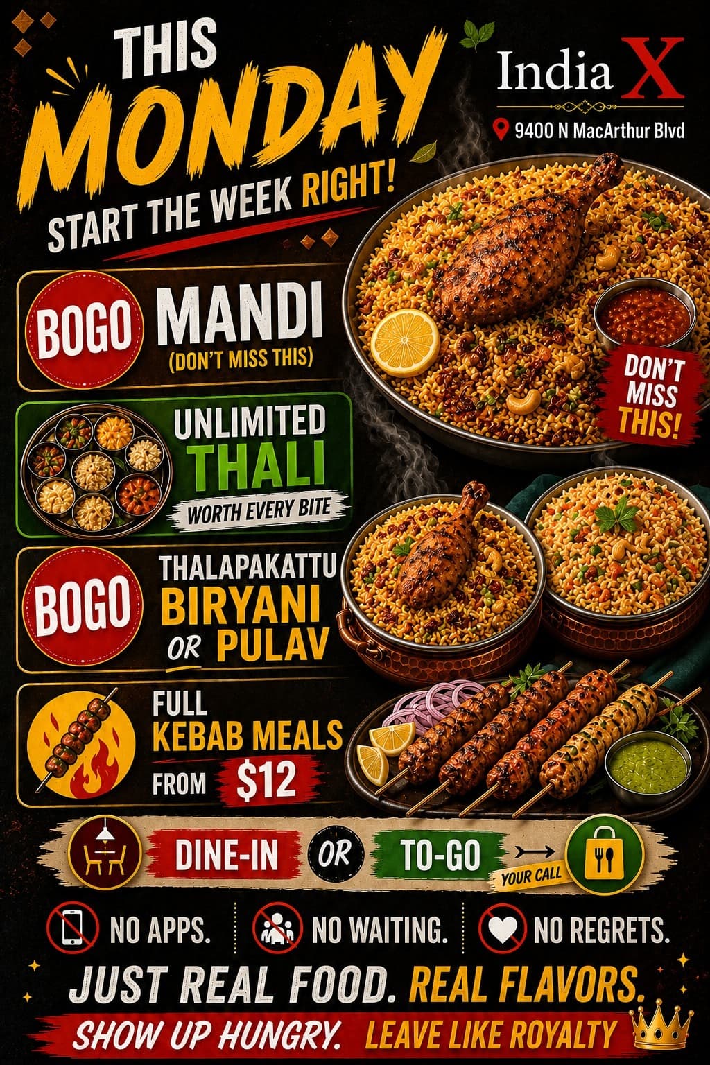 Monday specials: BOGO Mandi, Unlimited Thali, BOGO Thalapakattu Biryani or Pulav, Full Kebab Meals from $12. Dine-in or To-Go available.