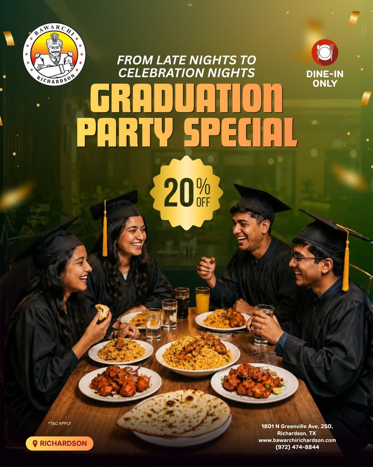Graduation Party Special - 20% off, Dine-in only. T&C Apply.