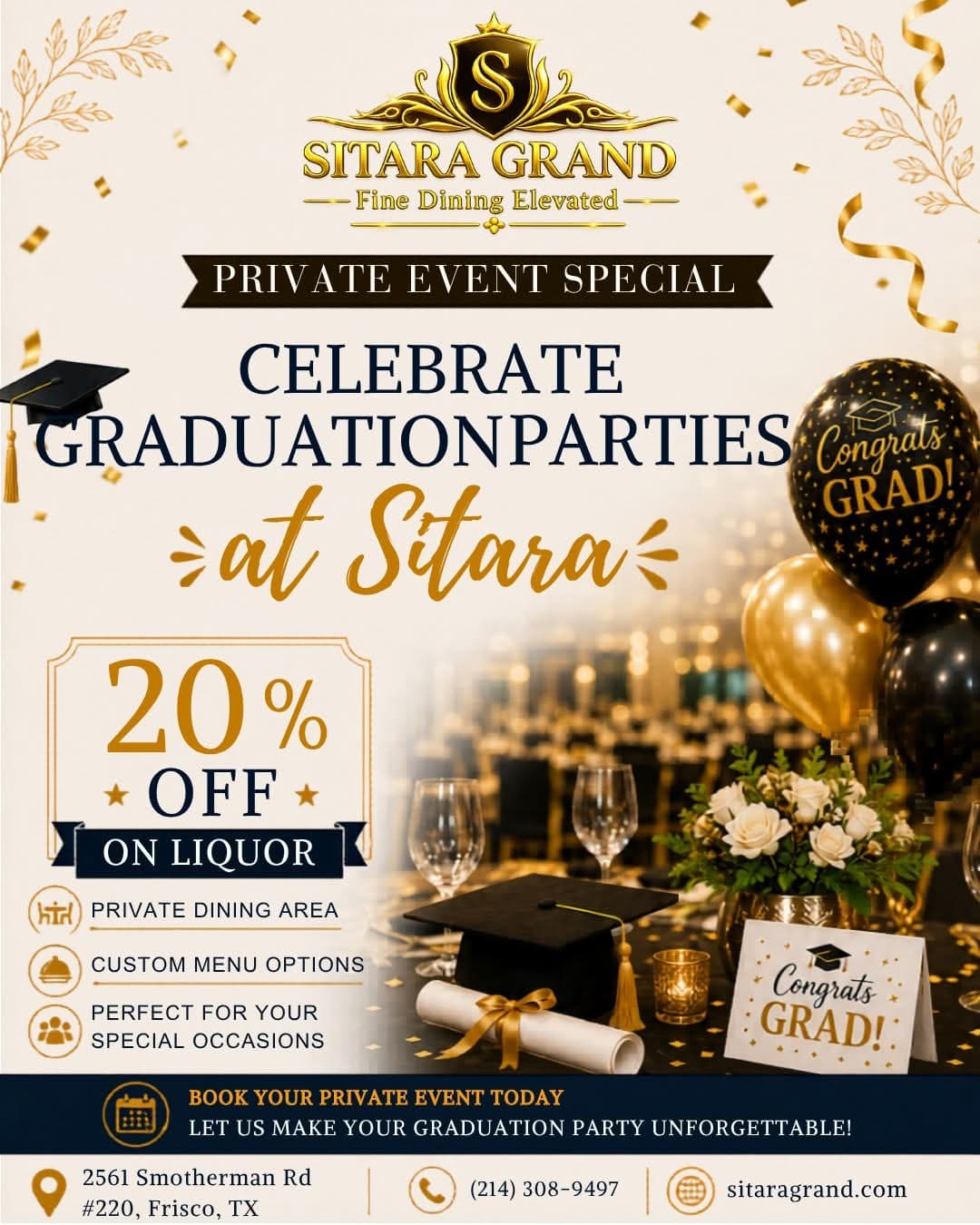 Private Event Special for Graduation Parties - 20% off on liquor, includes private dining area and custom menu options