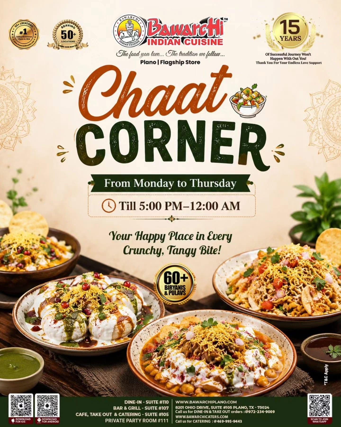 Chaat Corner special from Monday to Thursday, 5:00 PM - 12:00 AM featuring various chaat items