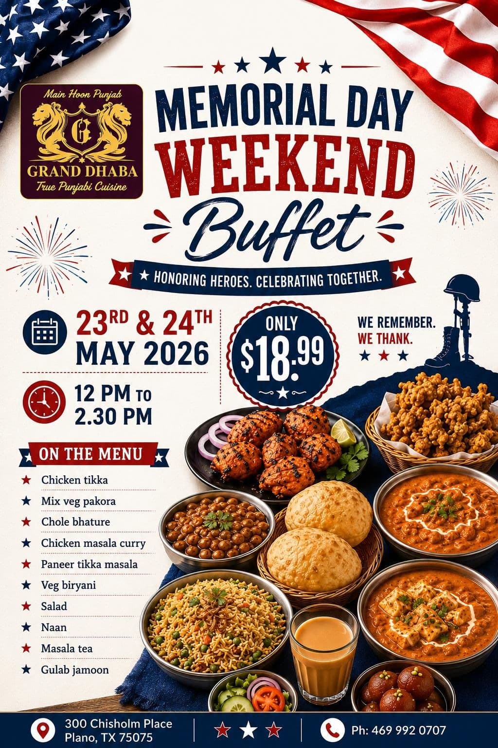 Memorial Day Weekend Buffet for $18.99 only, available 12 PM to 2:30 PM on May 23rd & 24th, 2026