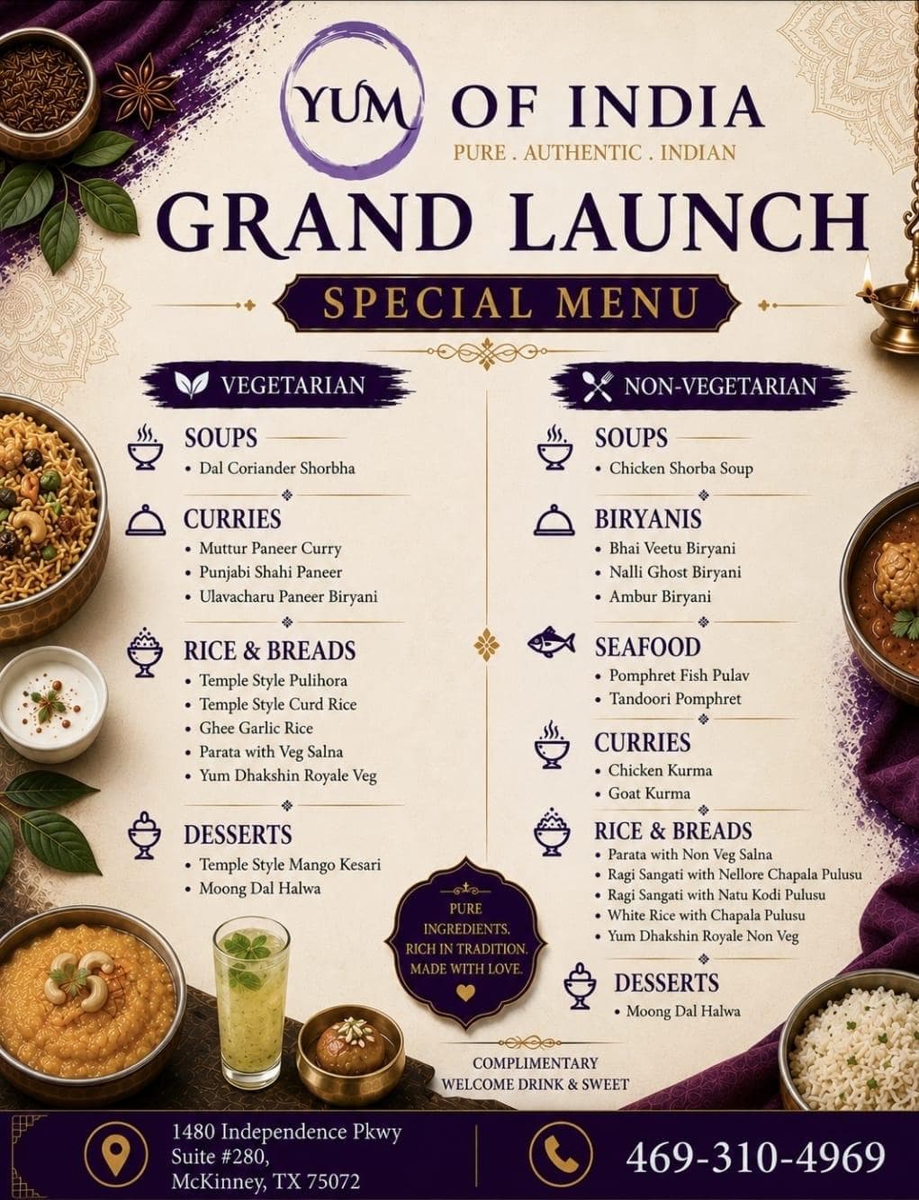 Grand Launch Special Menu featuring vegetarian and non-vegetarian options with complimentary welcome drink & sweet