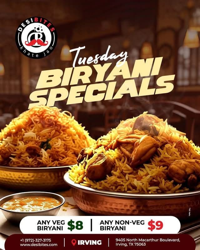 Tuesday Biryani Specials - Any Veg Biryani $8, Any Non-Veg Biryani $9
