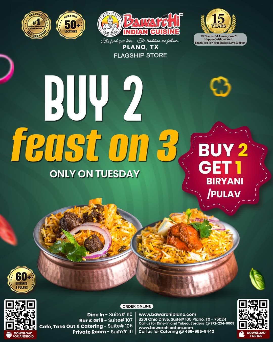 Buy 2 Get 1 Free Biryani/Pulav - Only on Tuesday