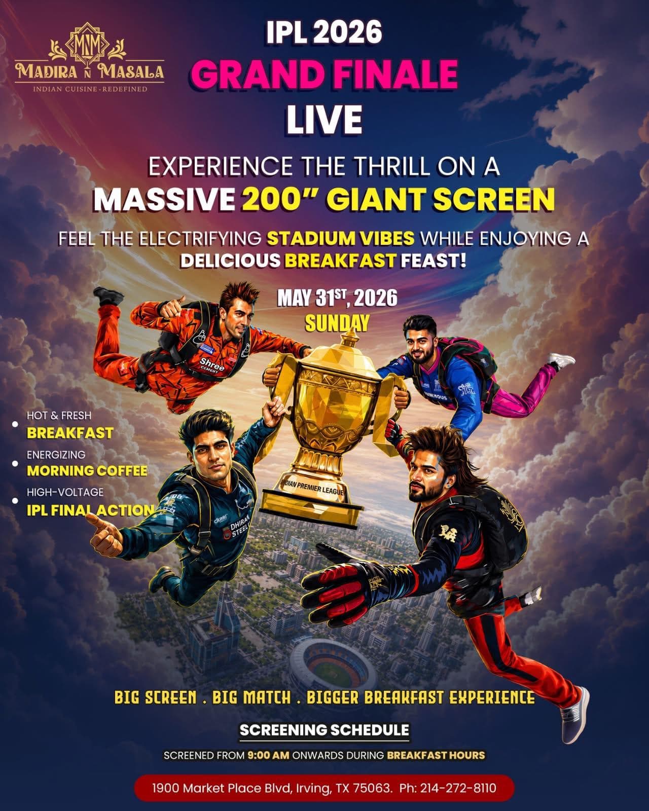 IPL 2026 Grand Finale live screening event with breakfast feast, hot & fresh breakfast and energizing morning coffee on a massive 200" giant screen starting at 9:00 AM