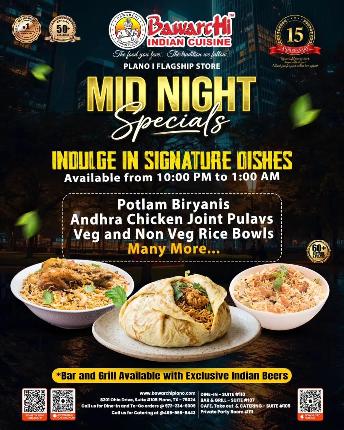 Midnight Specials - Signature dishes available from 10:00 PM to 1:00 AM including Potlam Biryanis, Andhra Chicken Joint Pulavs, Veg and Non Veg Rice Bowls