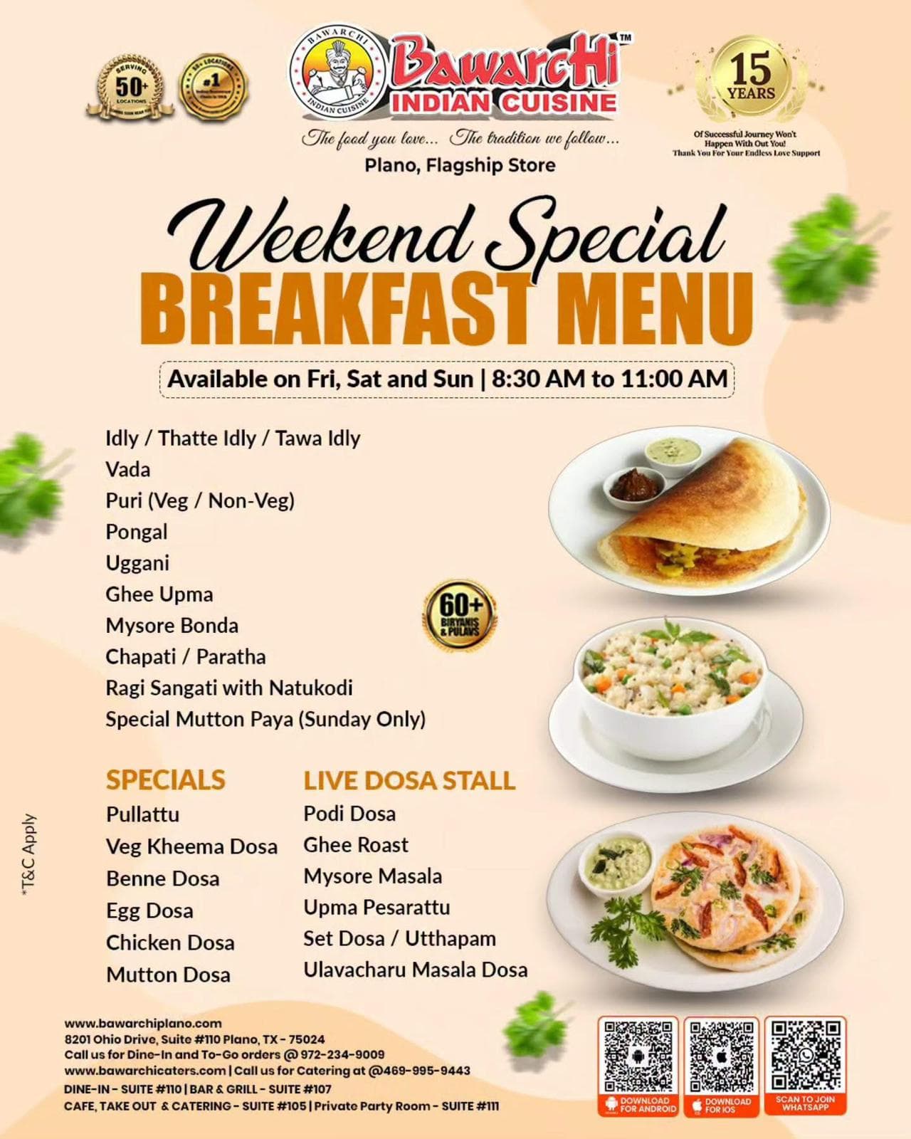 Weekend Special Breakfast Menu available Friday, Saturday, and Sunday from 8:30 AM to 11:00 AM featuring items like Idly, Vada, Puri, Pongal, Ghee Upma, Mysore Bonda, and Live Dosa Stall specials.