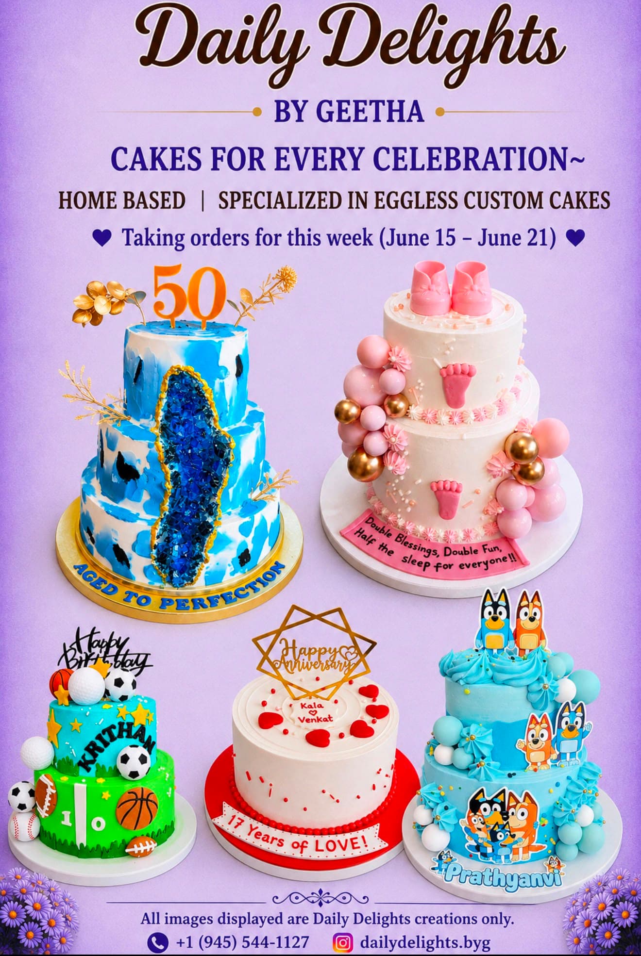 Home-based custom eggless cakes taking orders for the week of June 15 - June 21