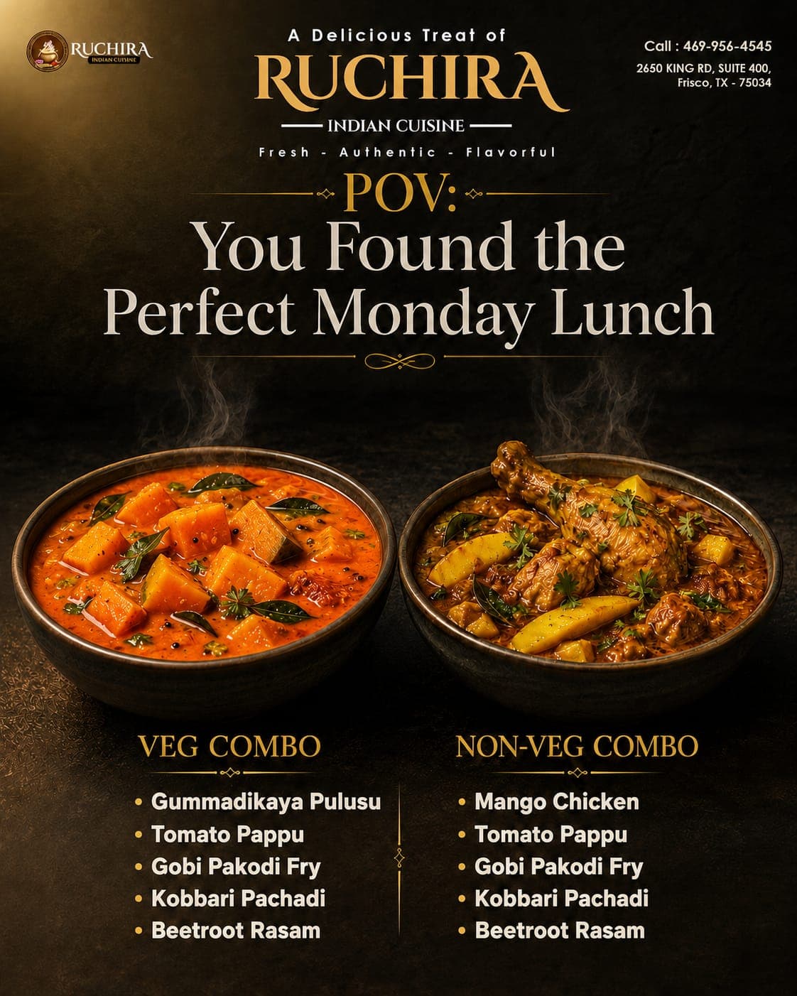 Monday lunch combos featuring Veg Combo and Non-Veg Combo options.