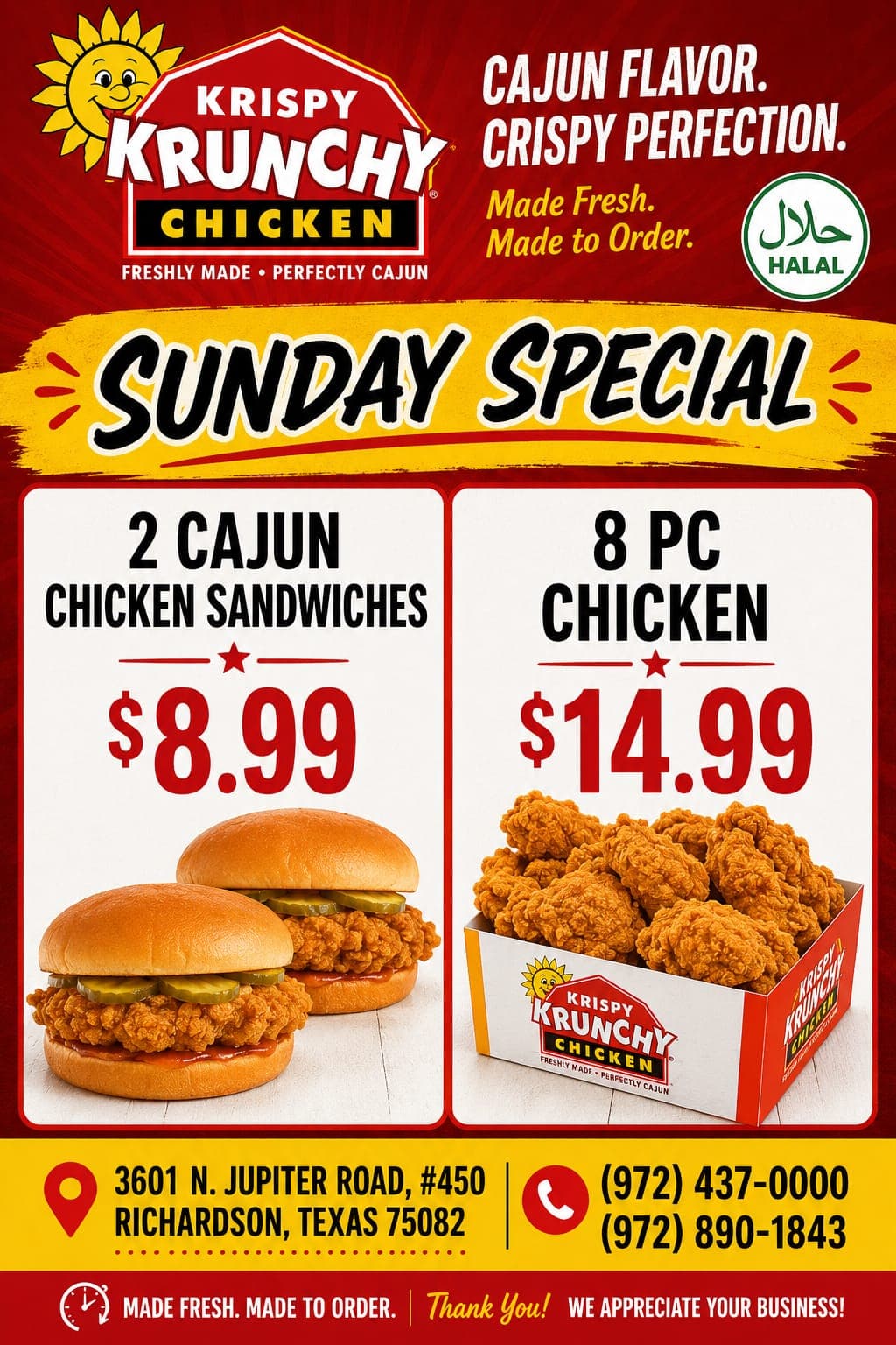 Sunday Special: 2 Cajun Chicken Sandwiches for $8.99 or 8 PC Chicken for $14.99