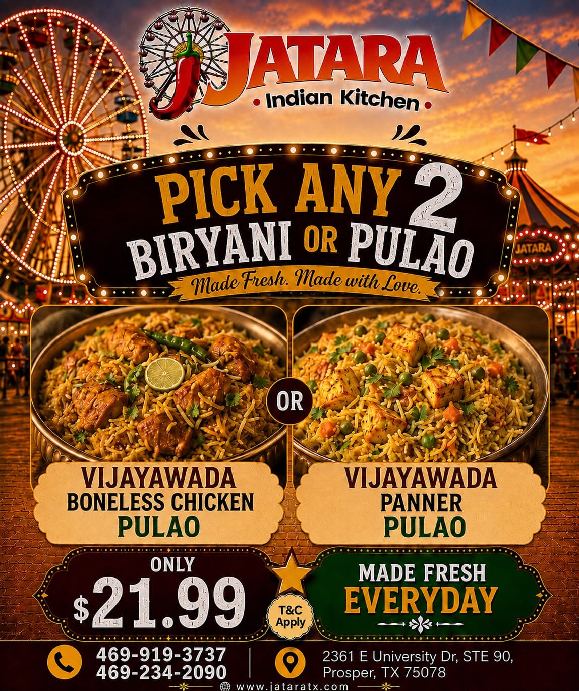 Pick any 2 Biryani or Pulao for only $21.99. Options include Vijayawada Boneless Chicken Pulao and Vijayawada Panner Pulao.