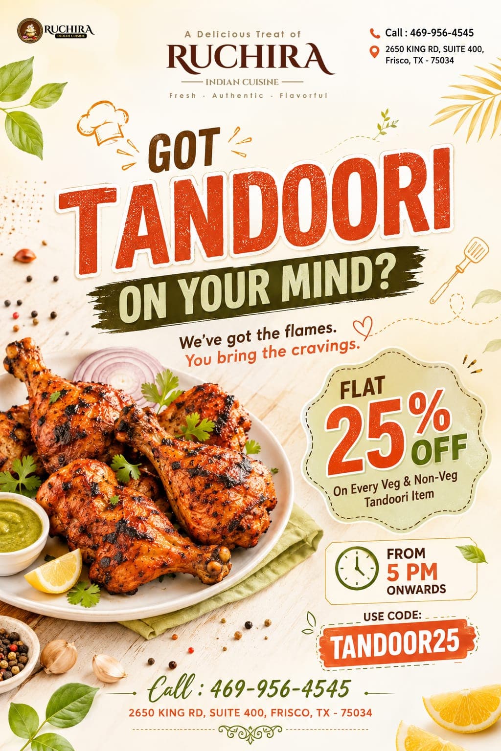 Flat 25% Off on every Veg & Non-Veg Tandoori Item from 5 PM onwards with code TANDOOR25